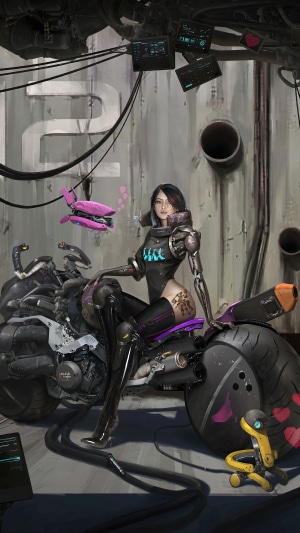 Cyberpunk woman with robotic arm on a motorcycle