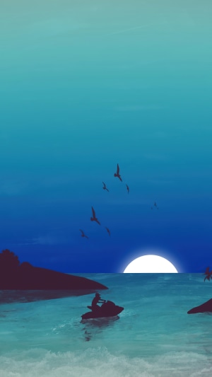 Minimalist digital art of a jet ski on the ocean at sunset