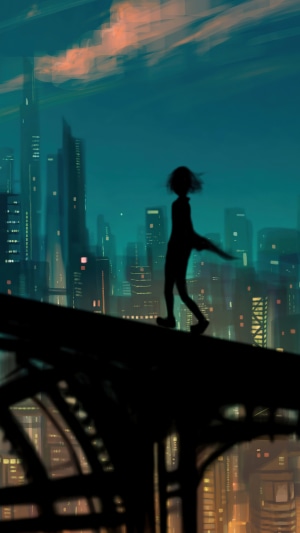Silhouette of a person walking on a bridge overlooking a city at night