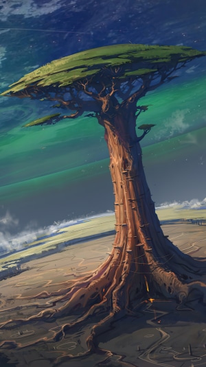 Sci-fi artwork of a giant tree on an alien planet