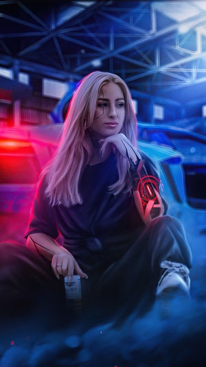 Cyberpunk woman with robotic arm in neon garage