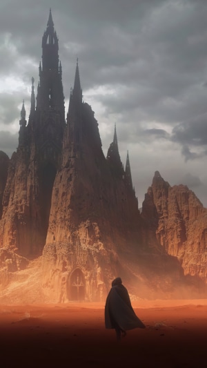 Figure approaching a dark gothic castle in a rocky landscape