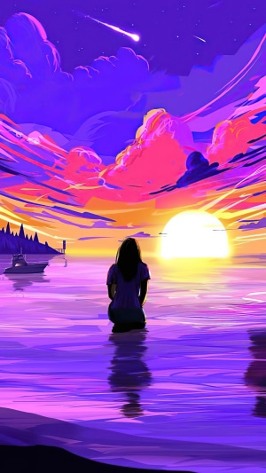 Girl kneeling in water watching sunset with shooting star