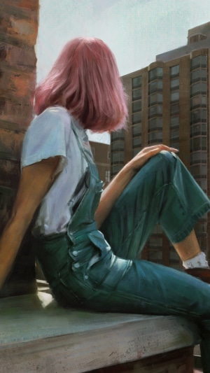Girl with pink hair in overalls looking out window
