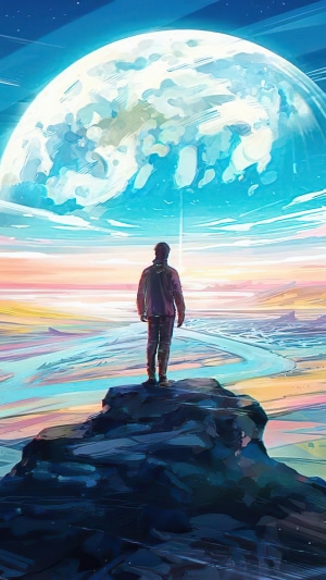 Man standing on rock looking at large planet