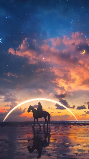 Digital art of a person riding a horse at sunset