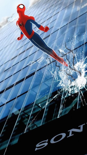 Spider-Man breaking through a glass building with Sony logo