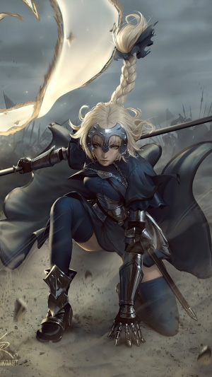 Anime girl with blonde braided hair and armor holding a spear