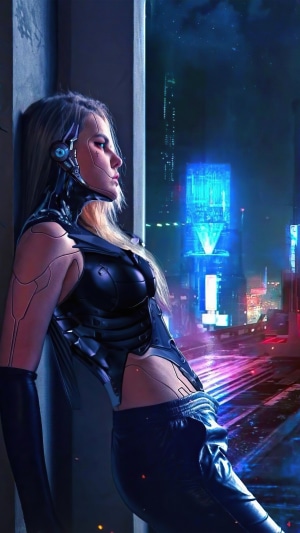 Cyborg woman looking out at a futuristic city