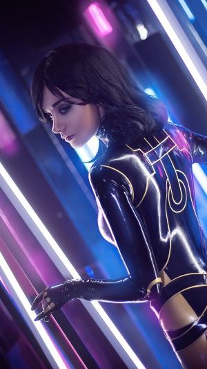 Cosplayer in Mass Effect inspired outfit with neon lights