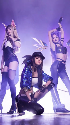 K/DA Ahri, Akali, and Kai'Sa from League of Legends cosplay