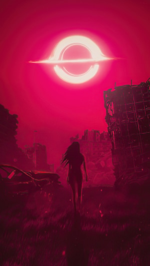 Woman walks towards a black hole in a ruined city