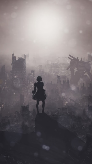2B from Nier Automata in a ruined city