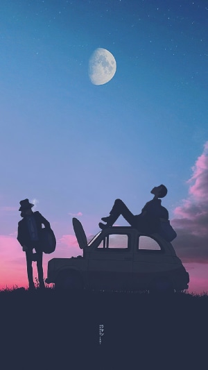 Anime characters by a car under the moon
