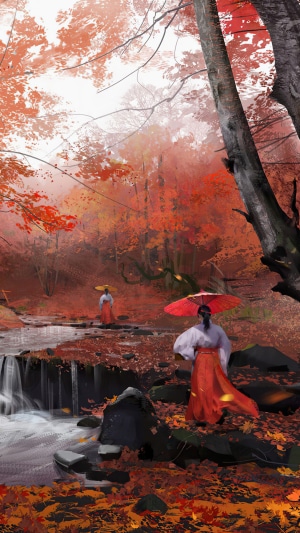 Digital art of two women in a forest