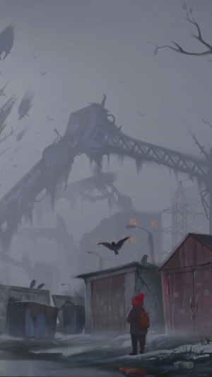 Child in a post-apocalyptic city with birds