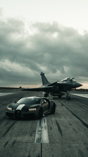 Bugatti Chiron and Fighter Jet on Runway