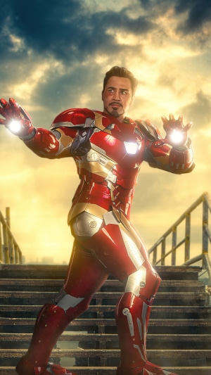 Iron Man in his suit on stairs