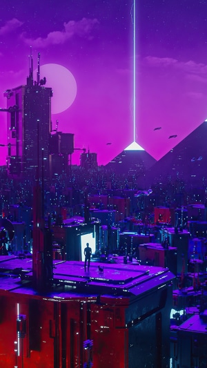 Cyberpunk city with pyramids and neon lights