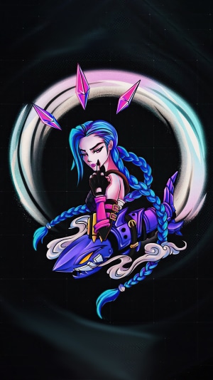 Jinx from League of Legends on a mechanical shark