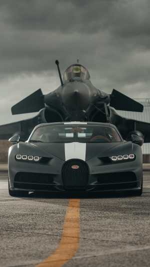 Bugatti Chiron and Jet Fighter on Tarmac