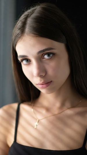 Young woman with dark hair and blue eyes