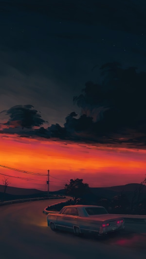 Car driving on a road during sunset