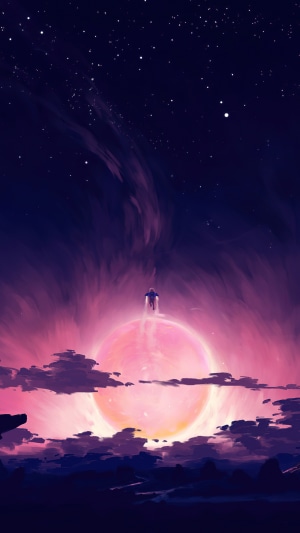 Astronaut on a pink planet under starry sky