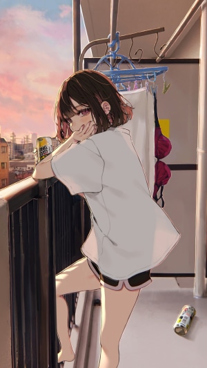 Anime girl on a balcony with a drink