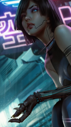 Cyberpunk cyborg woman with mechanical arm