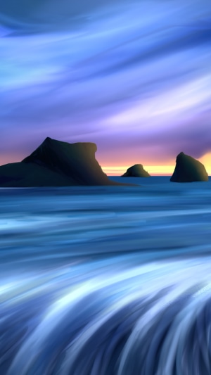 Digital Art of Ocean and Islands at Sunset