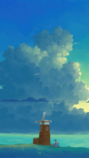 Artwork of a windmill and a girl on a bicycle
