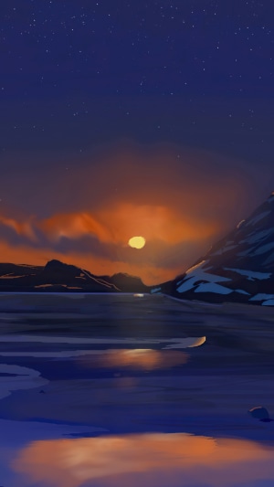 Digital art of a sunset over a snowy landscape