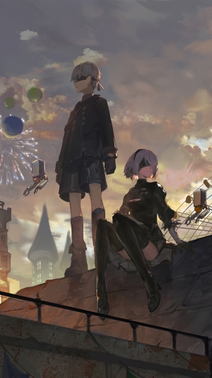 2B and 9S from Nier: Automata with fireworks