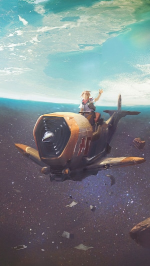 Girl in a small plane flying in space