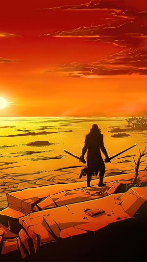 Silhouette warrior with swords at sunset