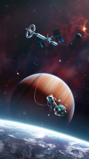 Astronaut near a gas giant and space station