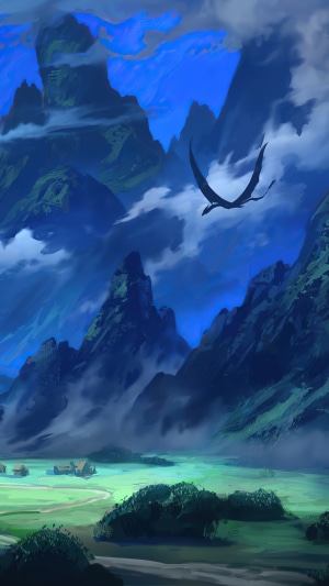 Dragon flying over misty mountains and village