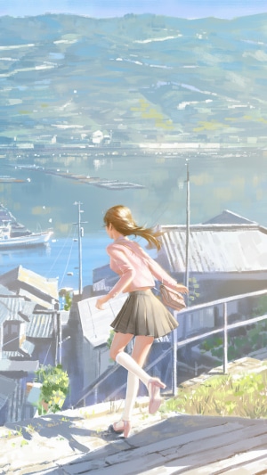 Anime girl running down a hill overlooking a bay