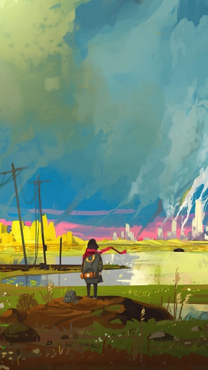 Artwork of a person with a red scarf looking at a landscape