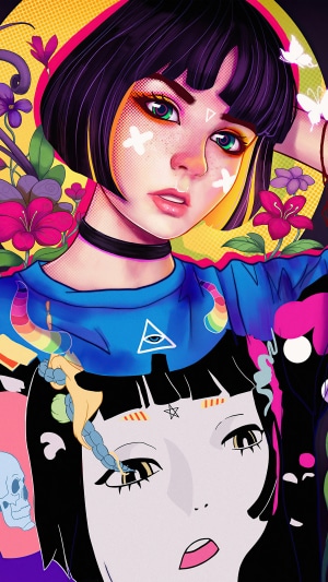 Digital art of a girl with colorful flowers and butterflies