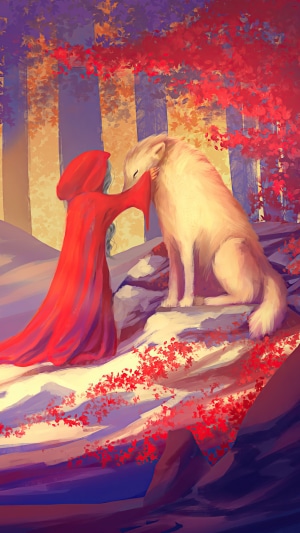 Girl in red hood with wolf in autumn forest