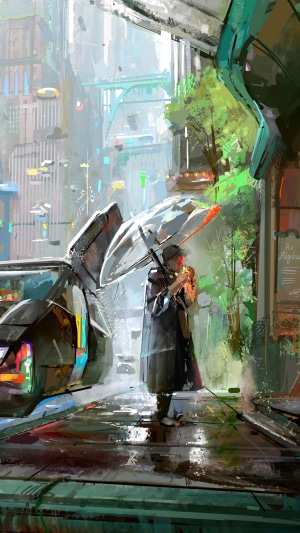 Sci-fi artwork of a person with an umbrella in a futuristic city