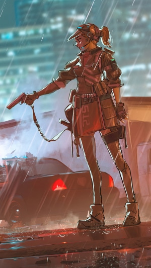Female officer with gun in rainy city