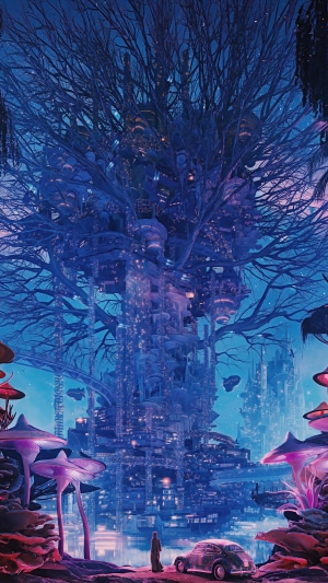 Fantasy Tree City with Flying Vehicles