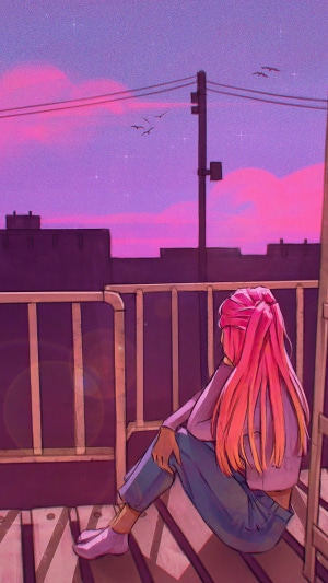 Girl with pink hair on a balcony at sunset