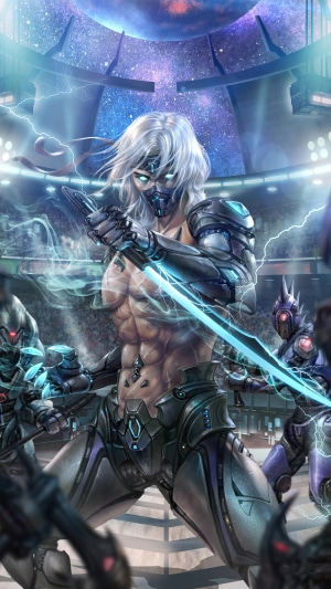 Cybernetic warrior with glowing sword in arena