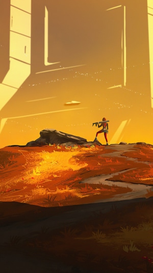 Person with rifle on hill with UFO