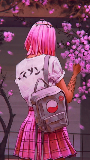 Girl with pink hair and backpack near cherry blossoms