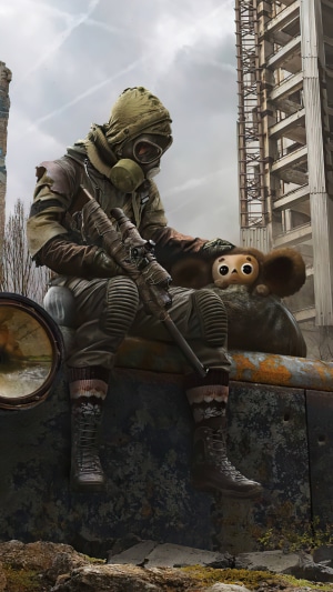 Artwork of a person in a gas mask with a rifle and a creature